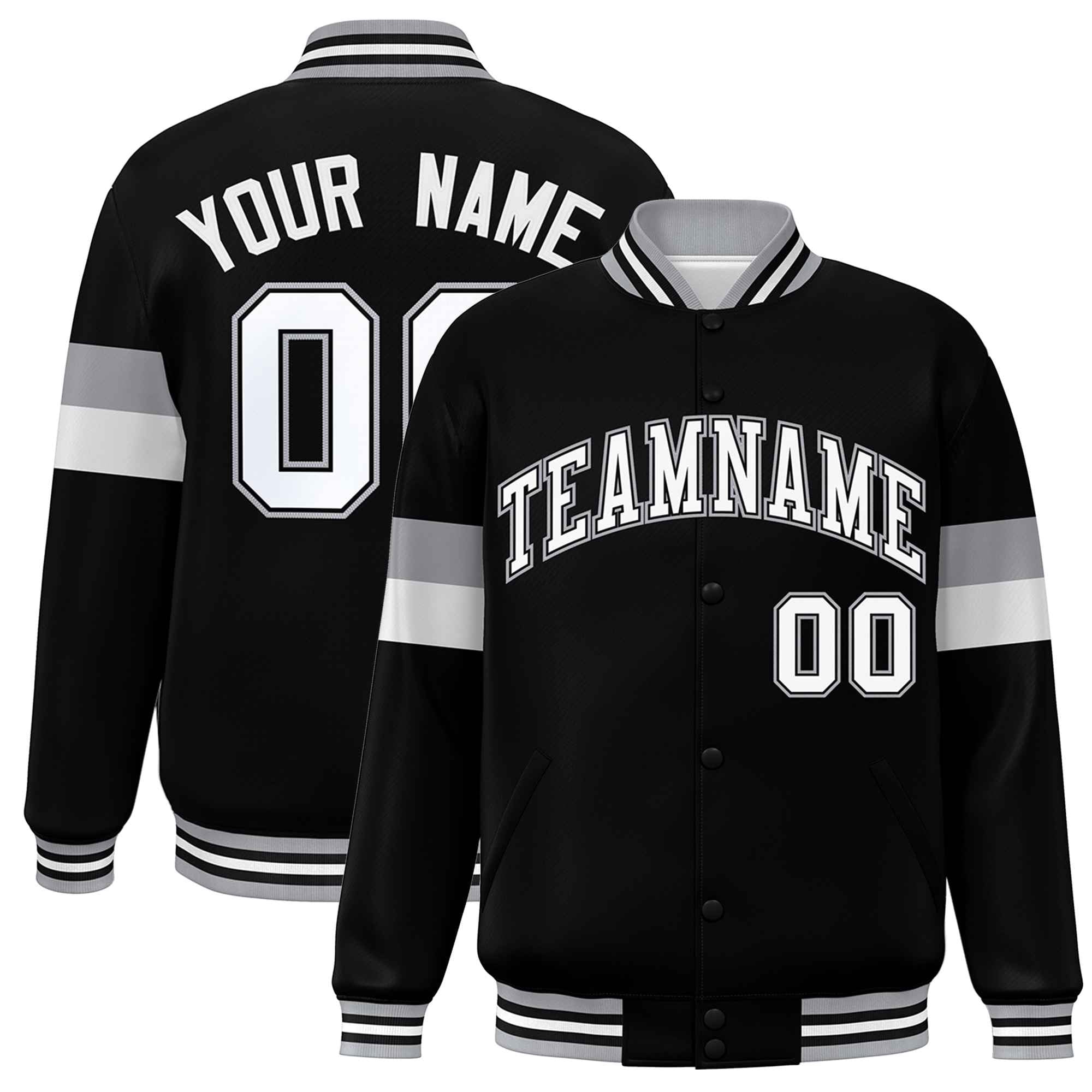 Custom Black White-Gray Color Block Bomber Varsity Full-Snap Baseball Jacket