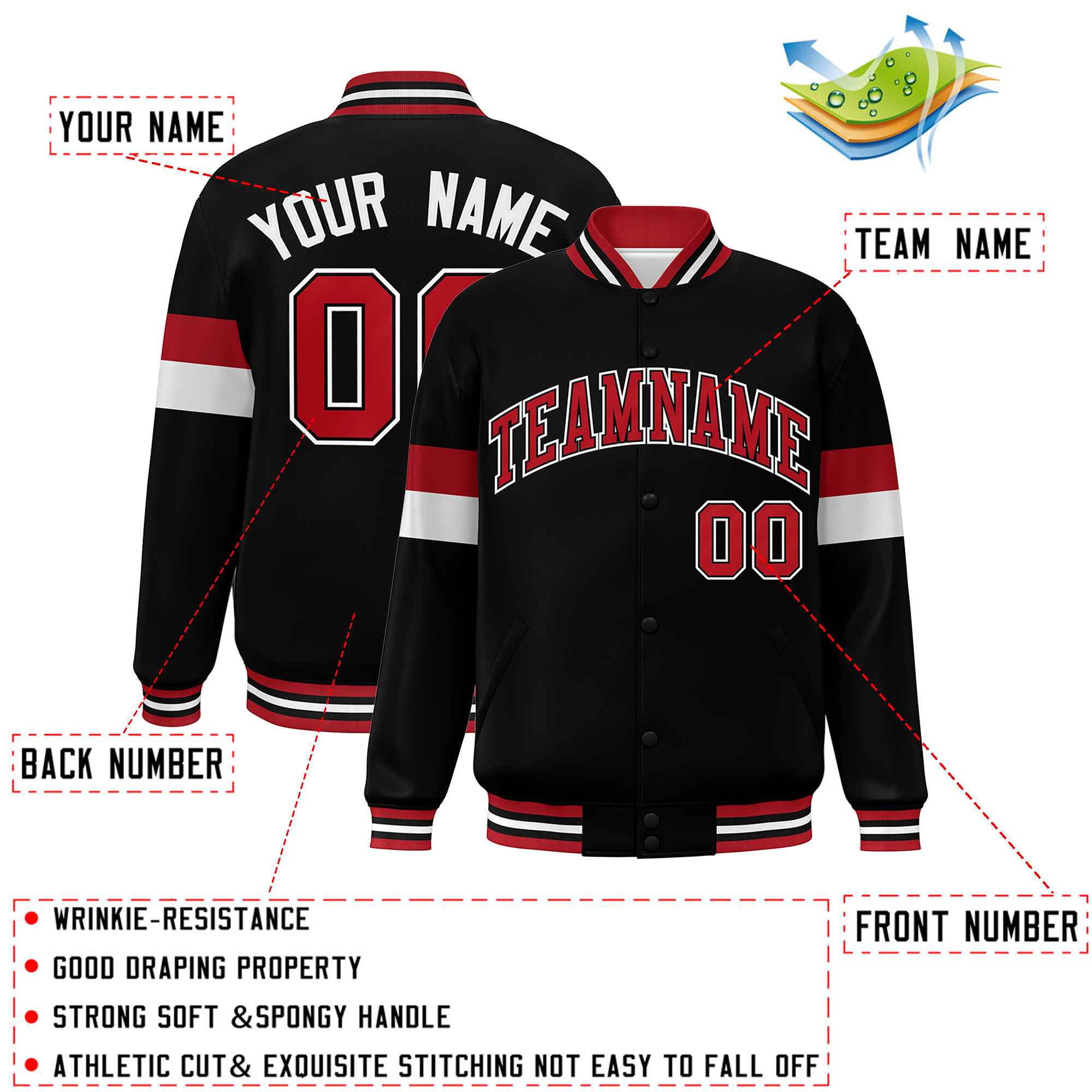 Custom Black Red-White Color Block Bomber Varsity Full-Snap Baseball Jacket