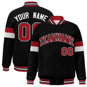 Custom Black Red-White Color Block Bomber Varsity Full-Snap Baseball Jacket