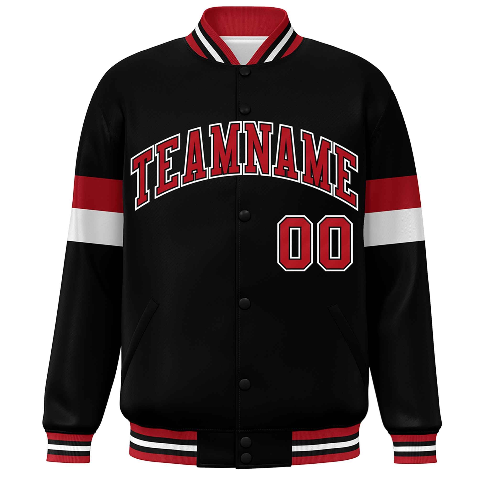 Custom Black Red-White Color Block Bomber Varsity Full-Snap Baseball Jacket