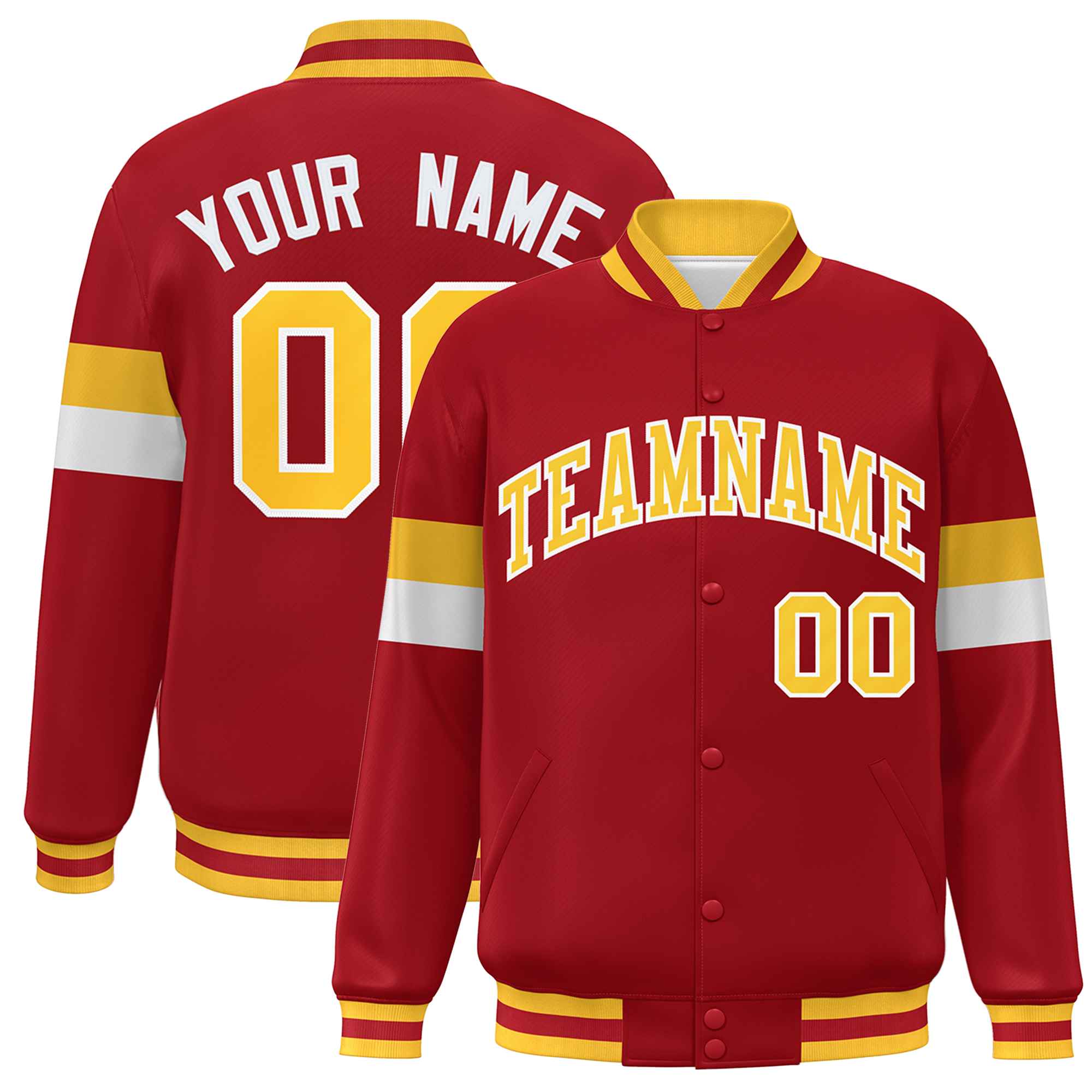 Custom Red Gold-White Color Block Bomber Varsity Full-Snap Baseball Jacket