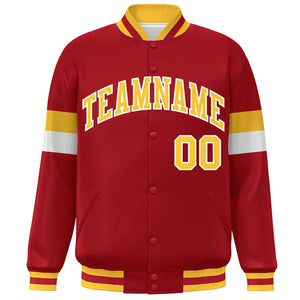 Custom Red Gold-White Color Block Bomber Varsity Full-Snap Baseball Jacket