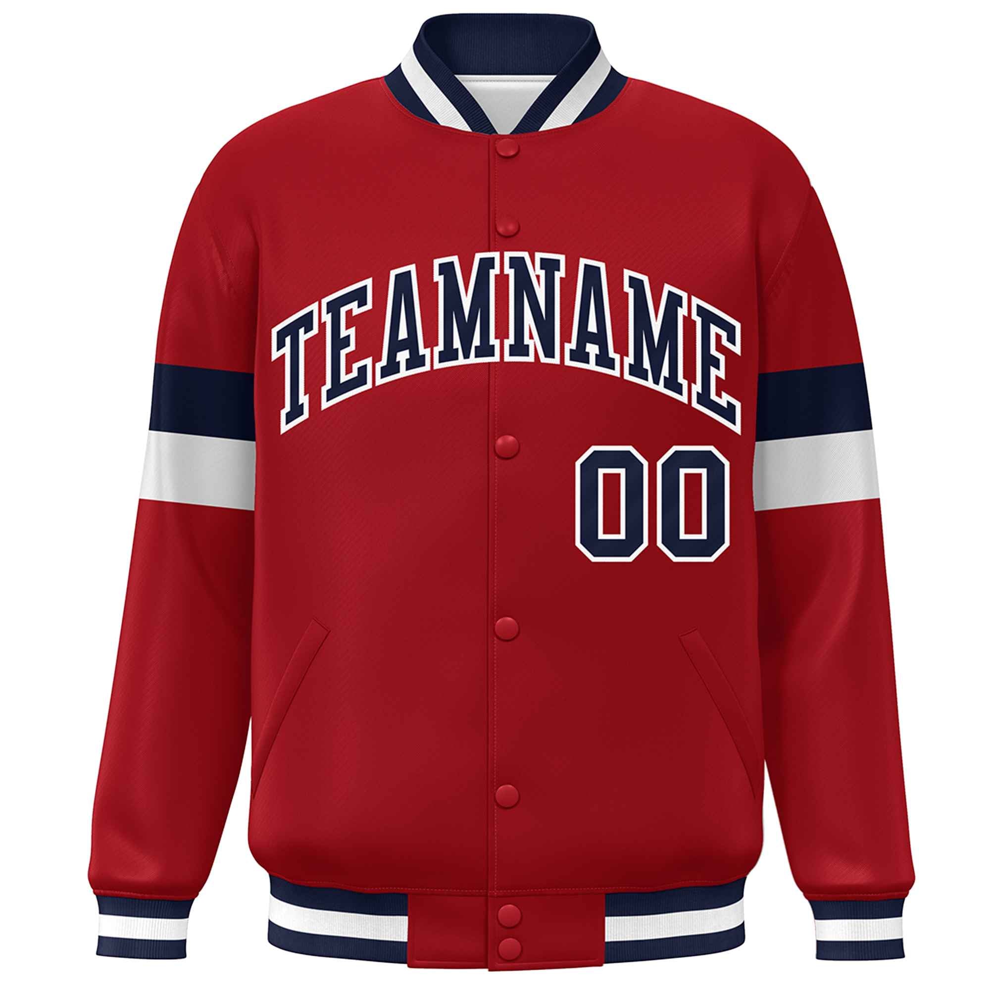 Custom Red Navy-White Color Block Bomber Varsity Full-Snap Baseball Jacket