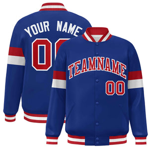 Custom Royal Red-White Color Block Bomber Varsity Full-Snap Baseball Jacket