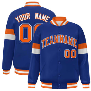 Custom Royal Orange-White Color Block Bomber Varsity Full-Snap Baseball Jacket