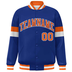 Custom Royal Orange-White Color Block Bomber Varsity Full-Snap Baseball Jacket