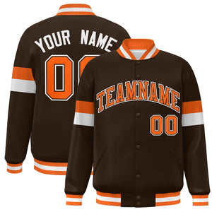 Custom Brown Orange-White Color Block Bomber Varsity Full-Snap Baseball Jacket