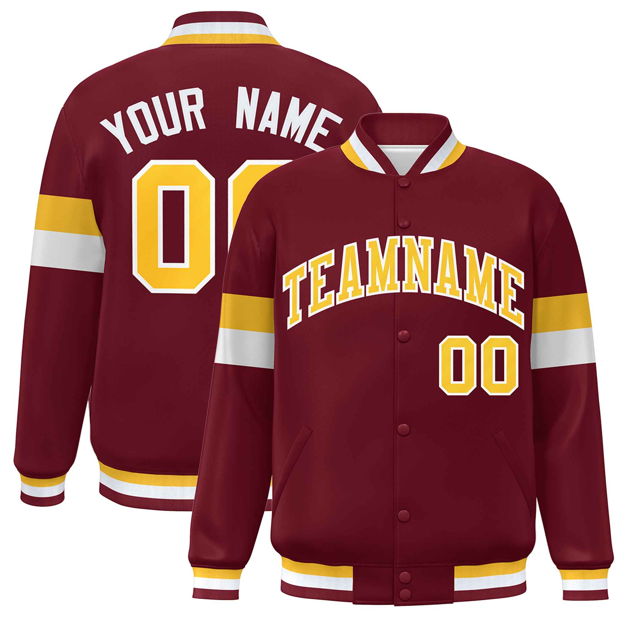 Custom Crimson Gold-White Color Block Bomber Varsity Full-Snap Baseball Jacket