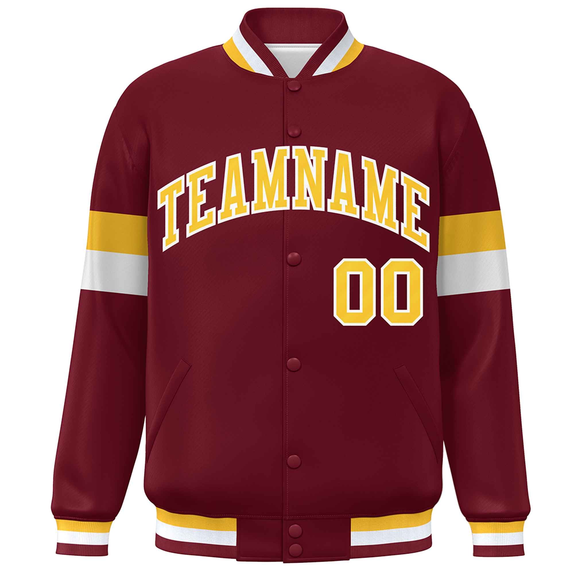 Custom Crimson Gold-White Color Block Bomber Varsity Full-Snap Baseball Jacket