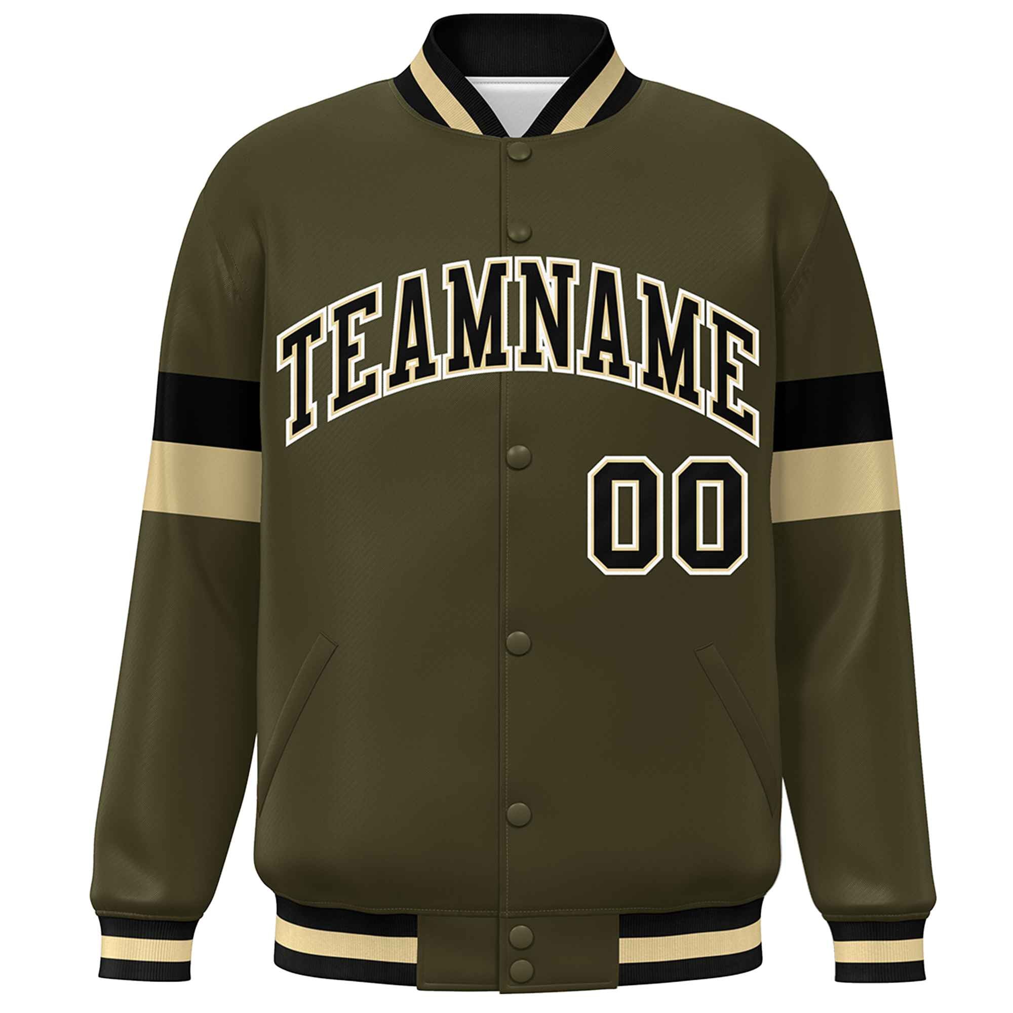 Custom Olive Black-White Color Block Bomber Varsity Full-Snap Baseball Jacket