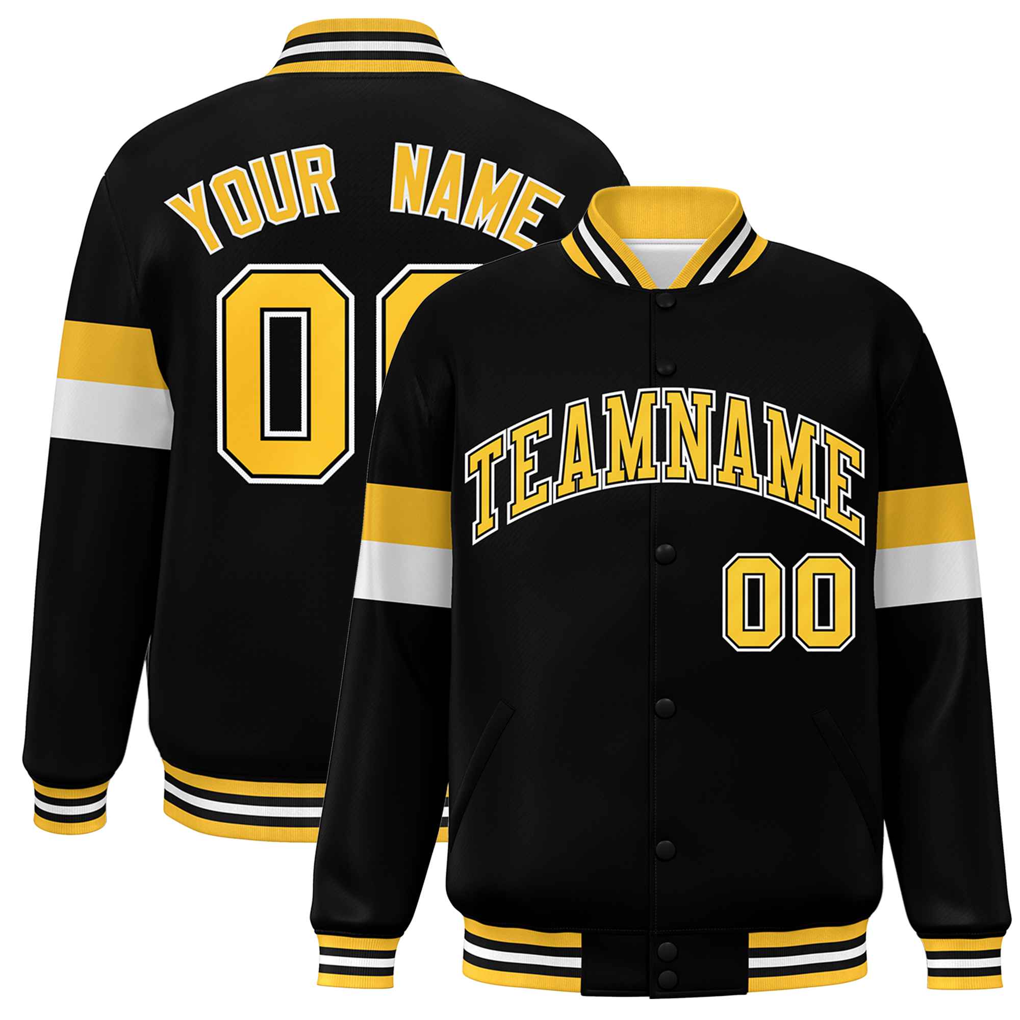 Custom Black Gold-White Color Block Bomber Varsity Full-Snap Baseball Jacket