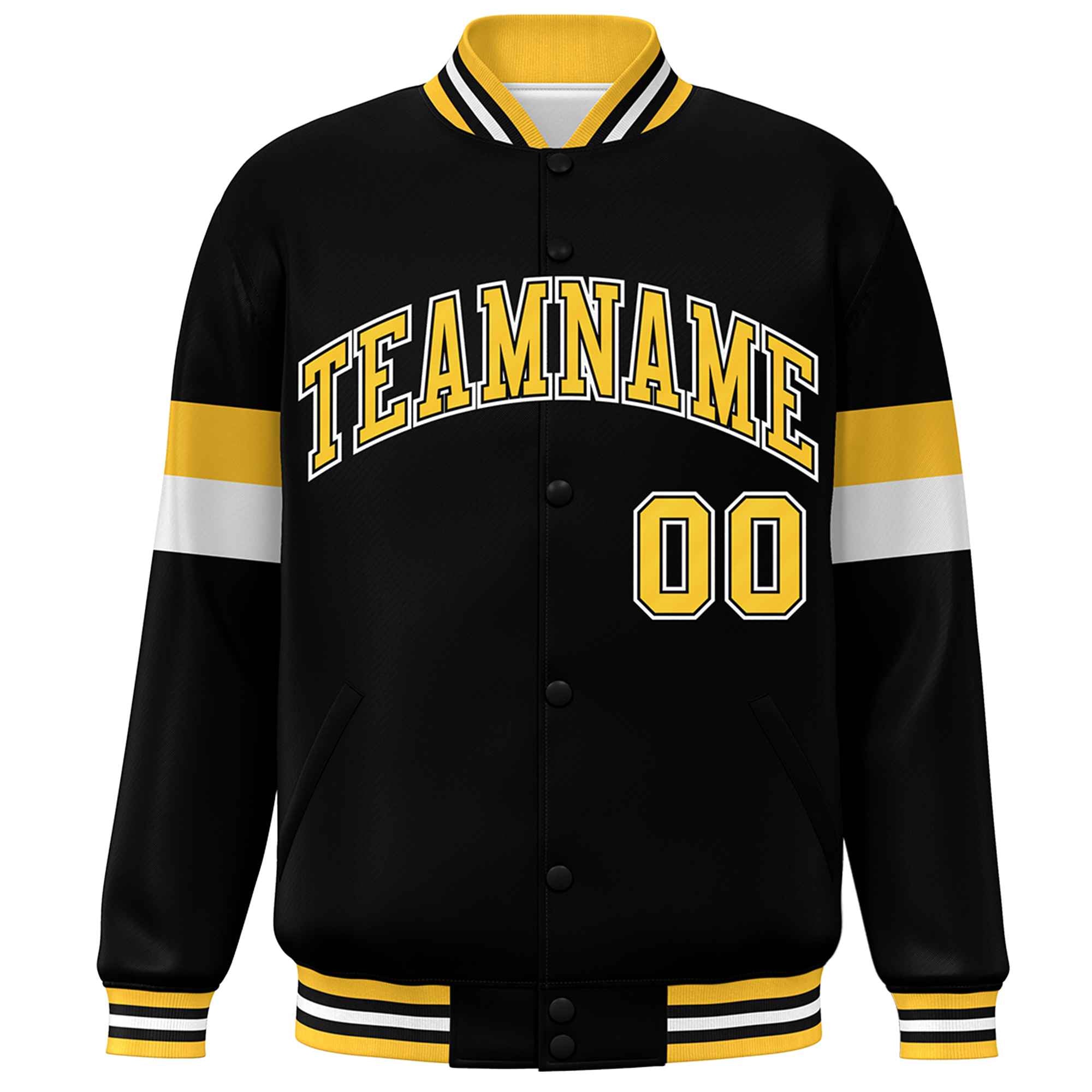 Custom Black Gold-White Color Block Bomber Varsity Full-Snap Baseball Jacket