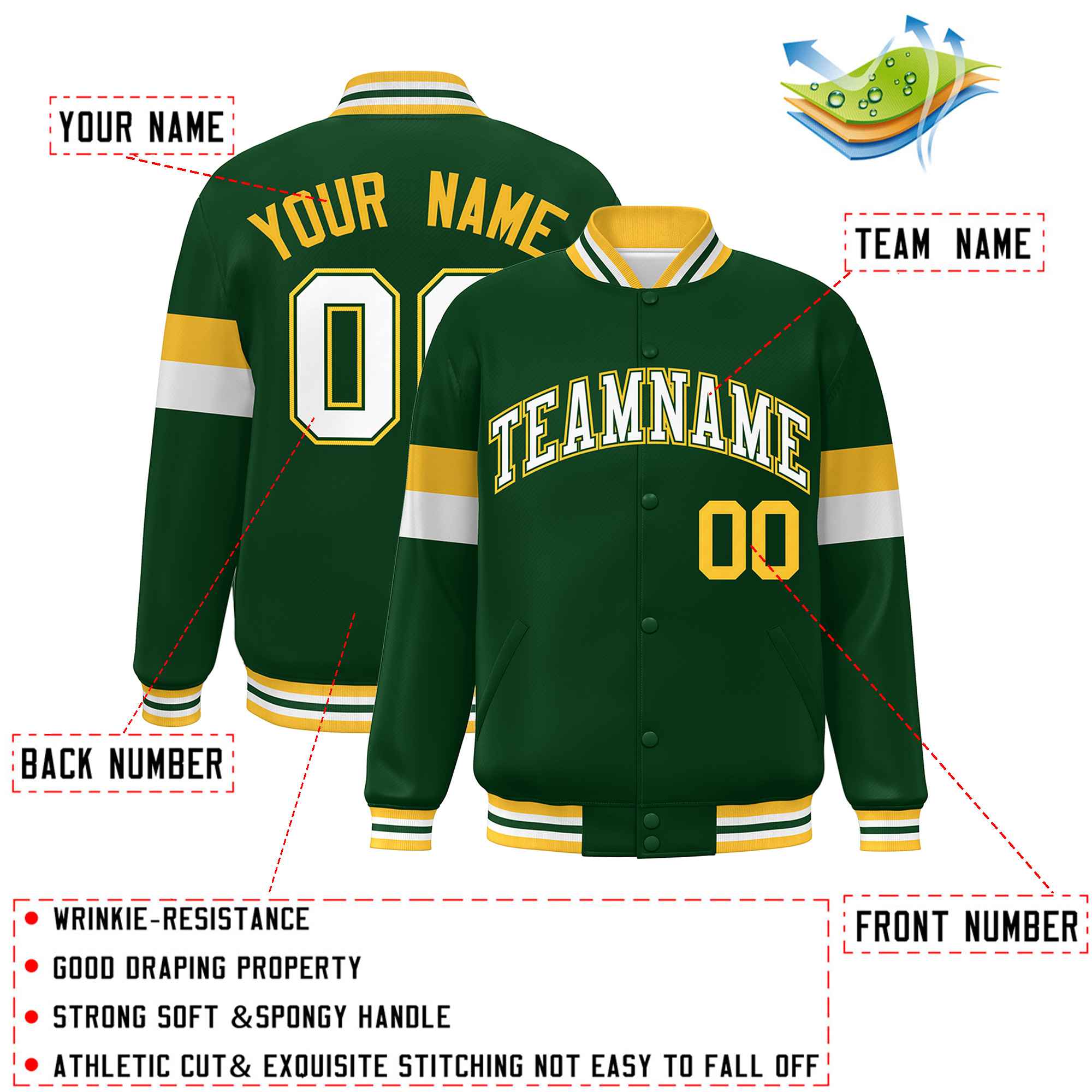 Custom Green White-Gold Color Block Bomber Varsity Full-Snap Baseball Jacket