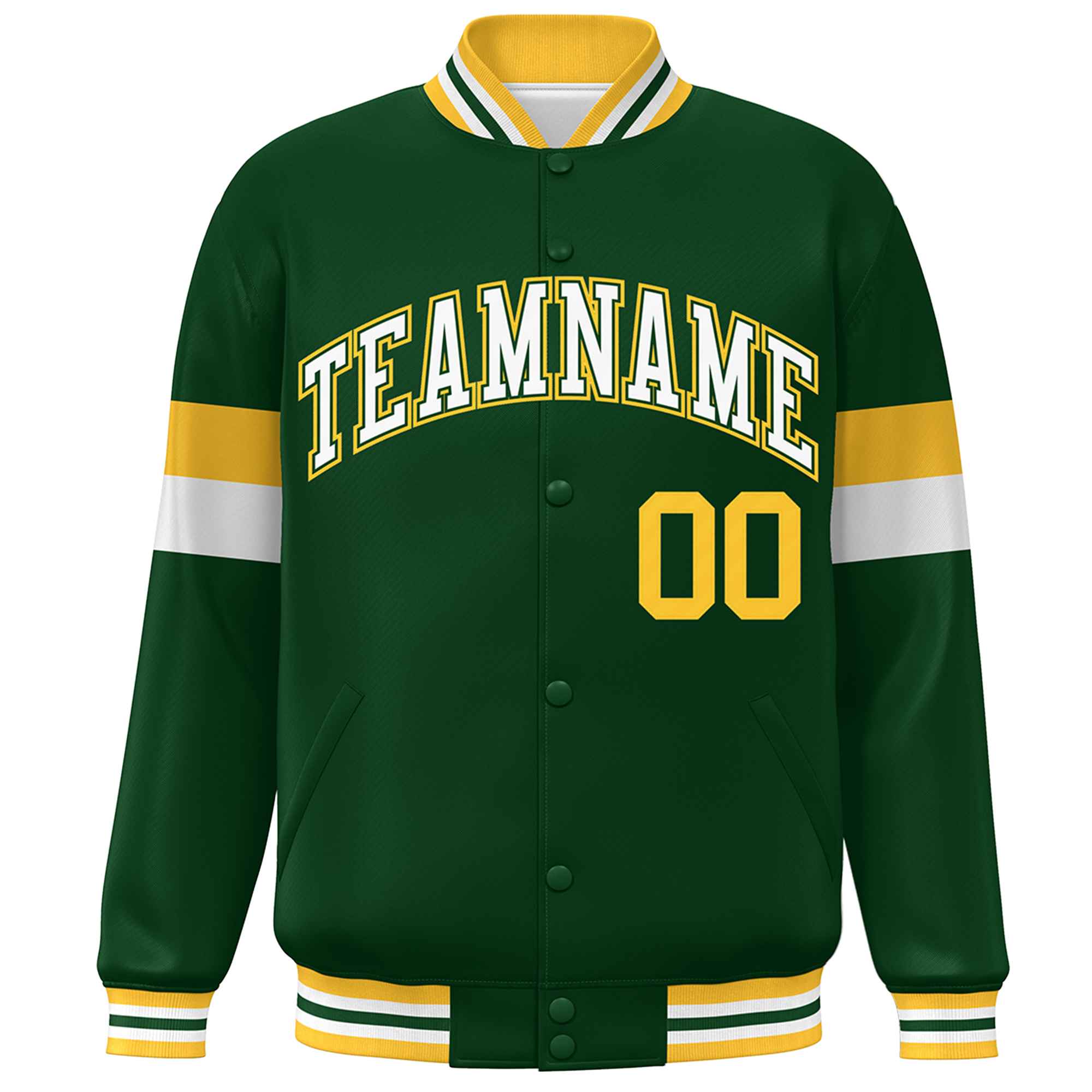 Custom Green White-Gold Color Block Bomber Varsity Full-Snap Baseball Jacket