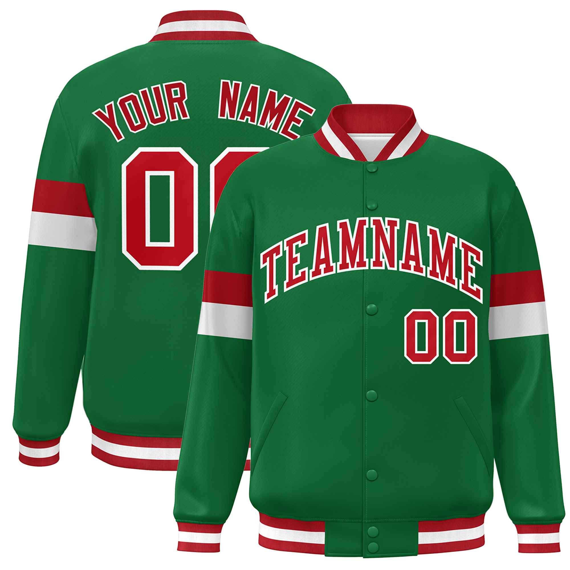 Custom Kelly Green Red-White Color Block Bomber Varsity Full-Snap Baseball Jacket