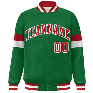 Custom Kelly Green Red-White Color Block Bomber Varsity Full-Snap Baseball Jacket