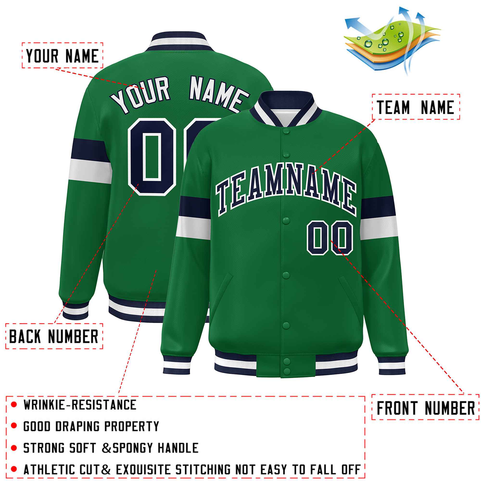 Custom Kelly Green Navy-White Color Block Bomber Varsity Full-Snap Baseball Jacket