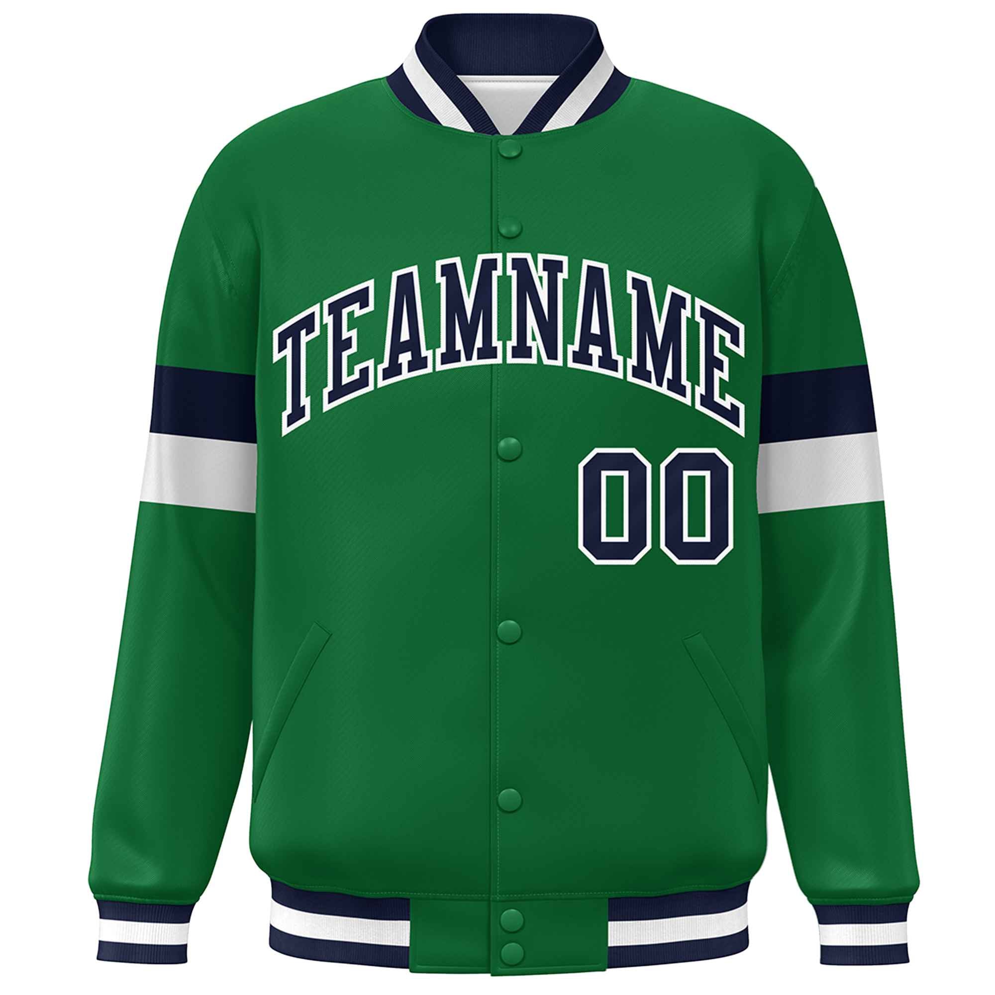 Custom Kelly Green Navy-White Color Block Bomber Varsity Full-Snap Baseball Jacket