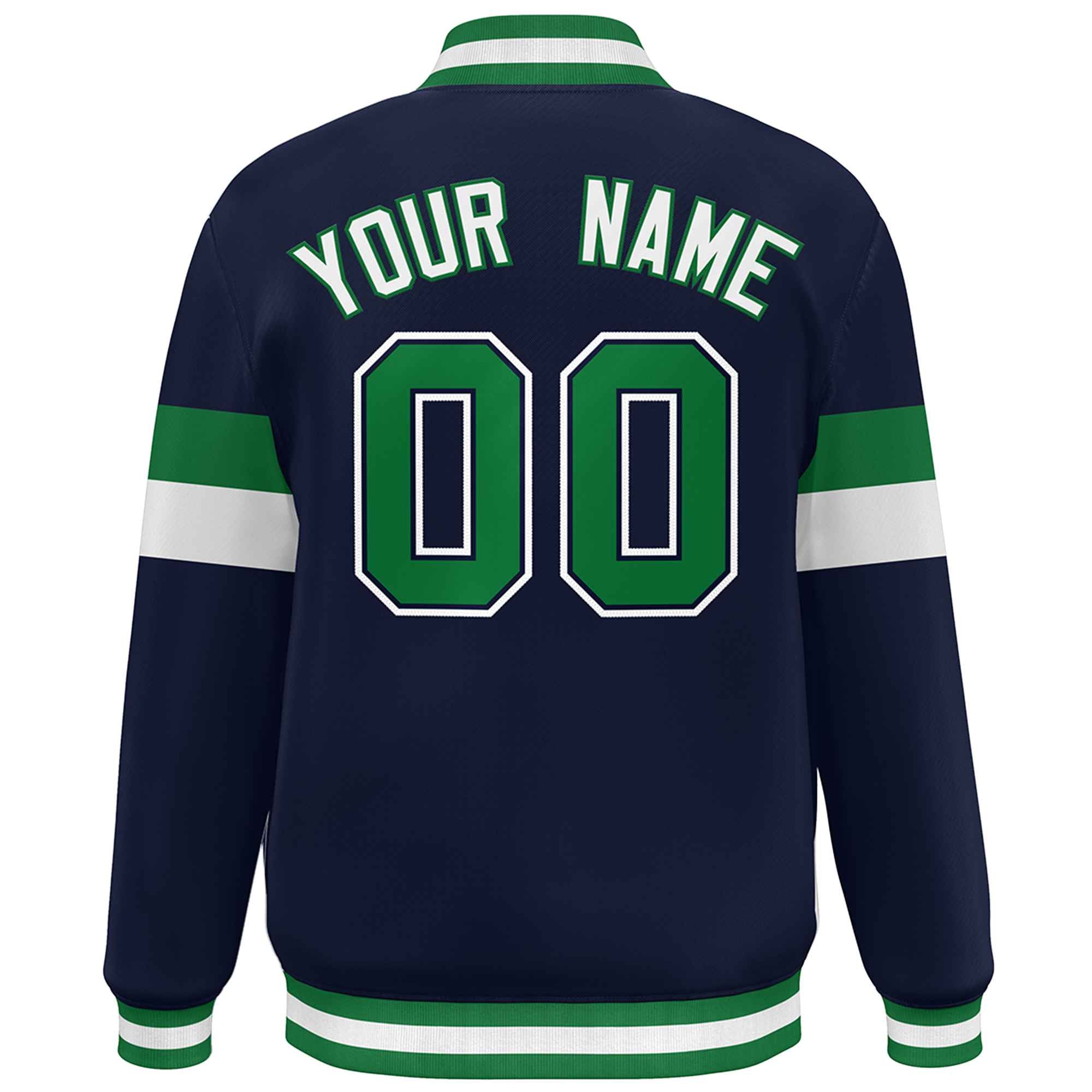 Custom Navy White-Kelly Green Color Block Bomber Varsity Full-Snap Baseball Jacket