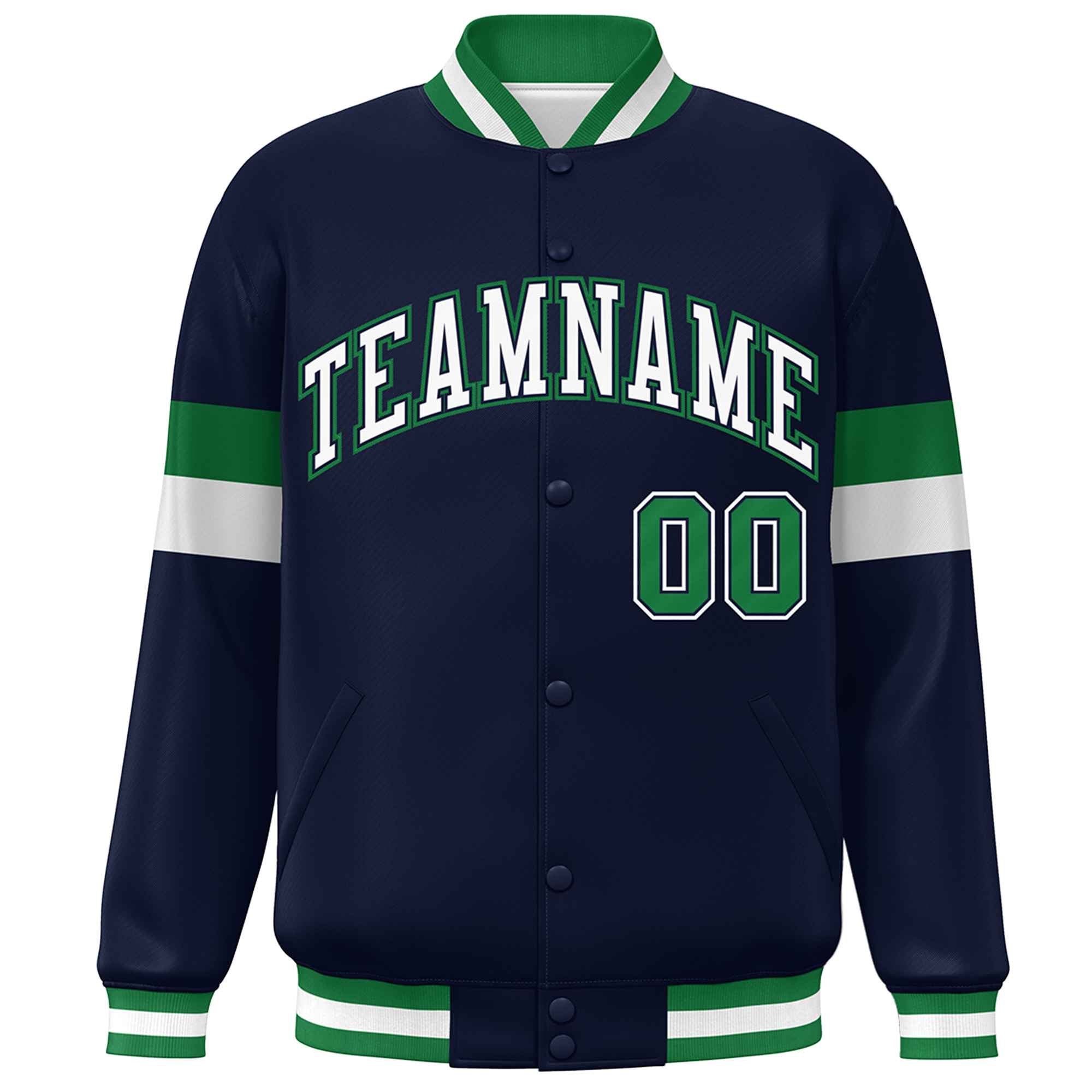 Custom Navy White-Kelly Green Color Block Bomber Varsity Full-Snap Baseball Jacket