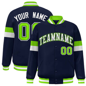 Custom Navy White-Neon Green Color Block Bomber Varsity Full-Snap Baseball Jacket