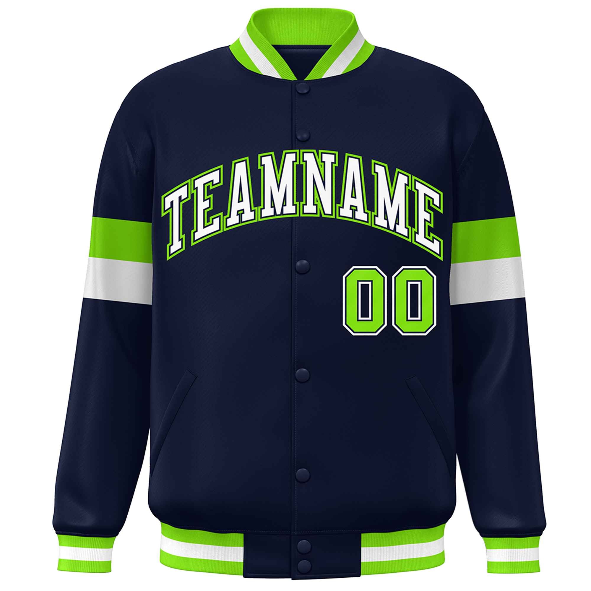 Custom Navy White-Neon Green Color Block Bomber Varsity Full-Snap Baseball Jacket