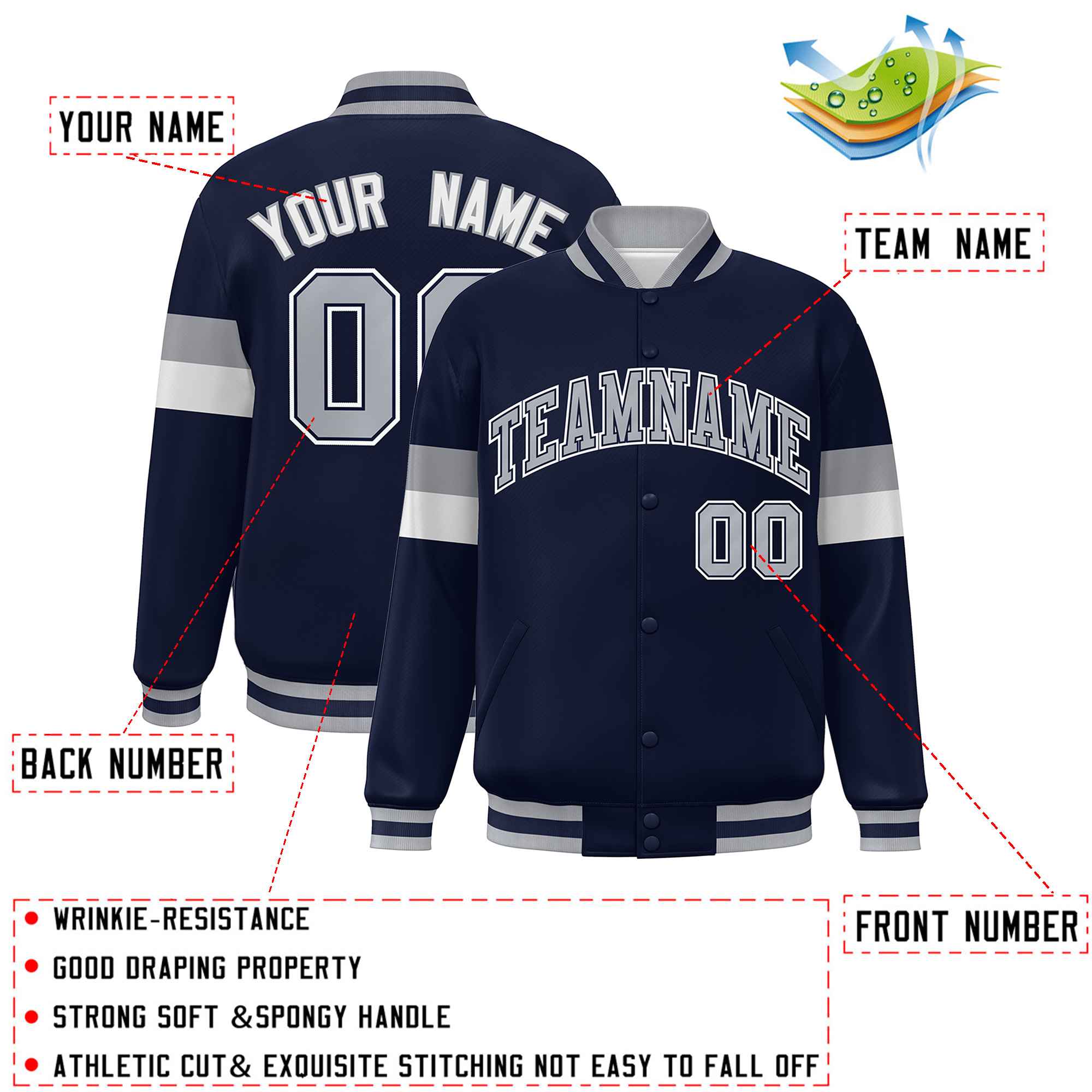 Custom Navy Gray-White Color Block Bomber Varsity Full-Snap Baseball Jacket