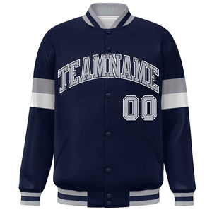 Custom Navy Gray-White Color Block Bomber Varsity Full-Snap Baseball Jacket