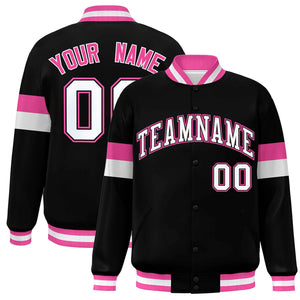 Custom Black White-Pink Color Block Bomber Varsity Full-Snap Baseball Jacket