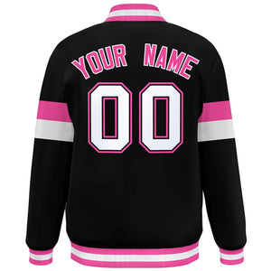 Custom Black White-Pink Color Block Bomber Varsity Full-Snap Baseball Jacket