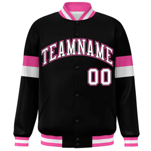 Custom Black White-Pink Color Block Bomber Varsity Full-Snap Baseball Jacket