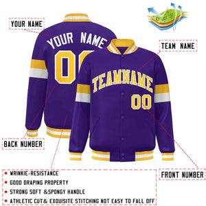 Custom Purple Gold-White Color Block Bomber Varsity Full-Snap Baseball Jacket