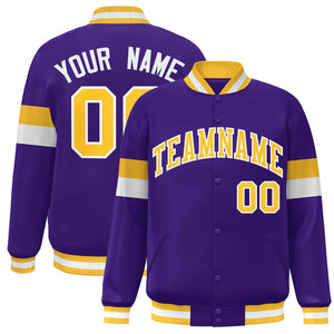 Custom Purple Gold-White Color Block Bomber Varsity Full-Snap Baseball Jacket