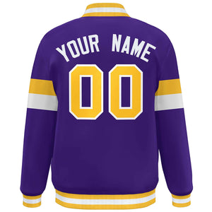 Custom Purple Gold-White Color Block Bomber Varsity Full-Snap Baseball Jacket