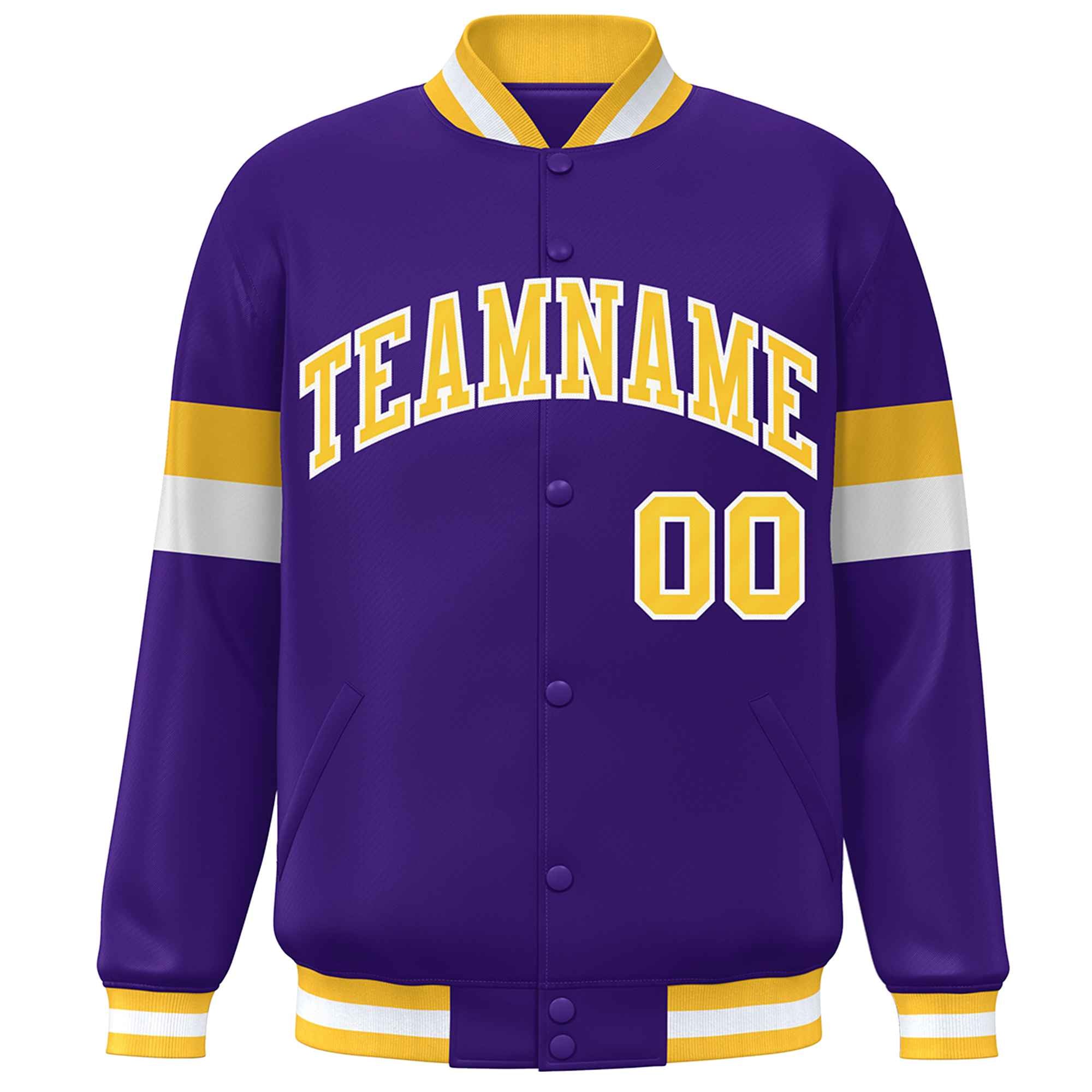 Custom Purple Gold-White Color Block Bomber Varsity Full-Snap Baseball Jacket