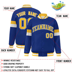 Custom Royal Gold-White Color Block Bomber Varsity Full-Snap Baseball Jacket