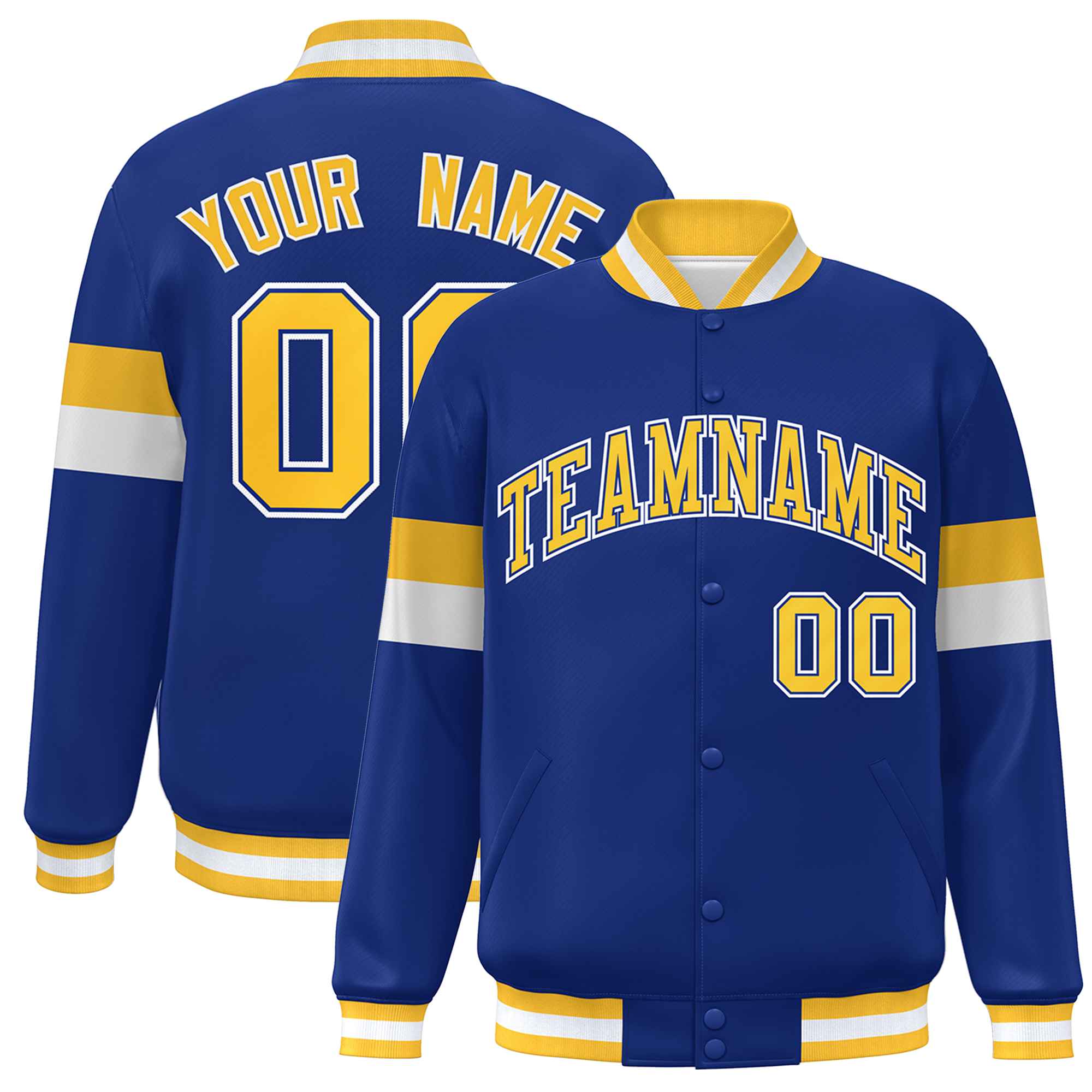 Custom Royal Gold-White Color Block Bomber Varsity Full-Snap Baseball Jacket