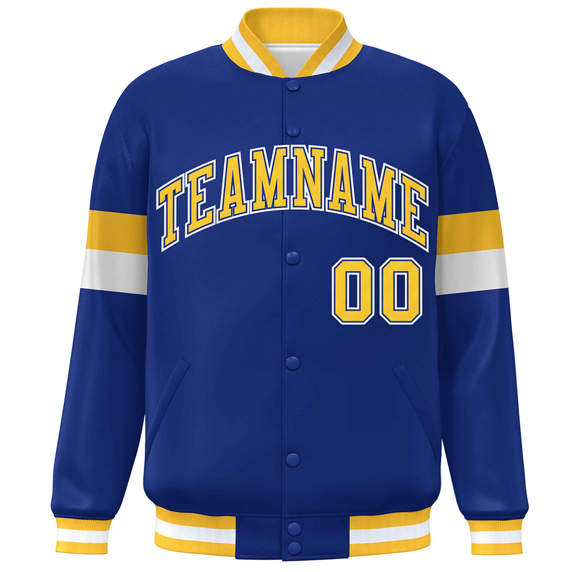 Custom Royal Gold-White Color Block Bomber Varsity Full-Snap Baseball Jacket