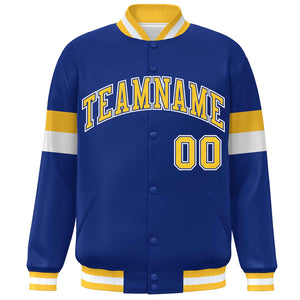 Custom Royal Gold-White Color Block Bomber Varsity Full-Snap Baseball Jacket