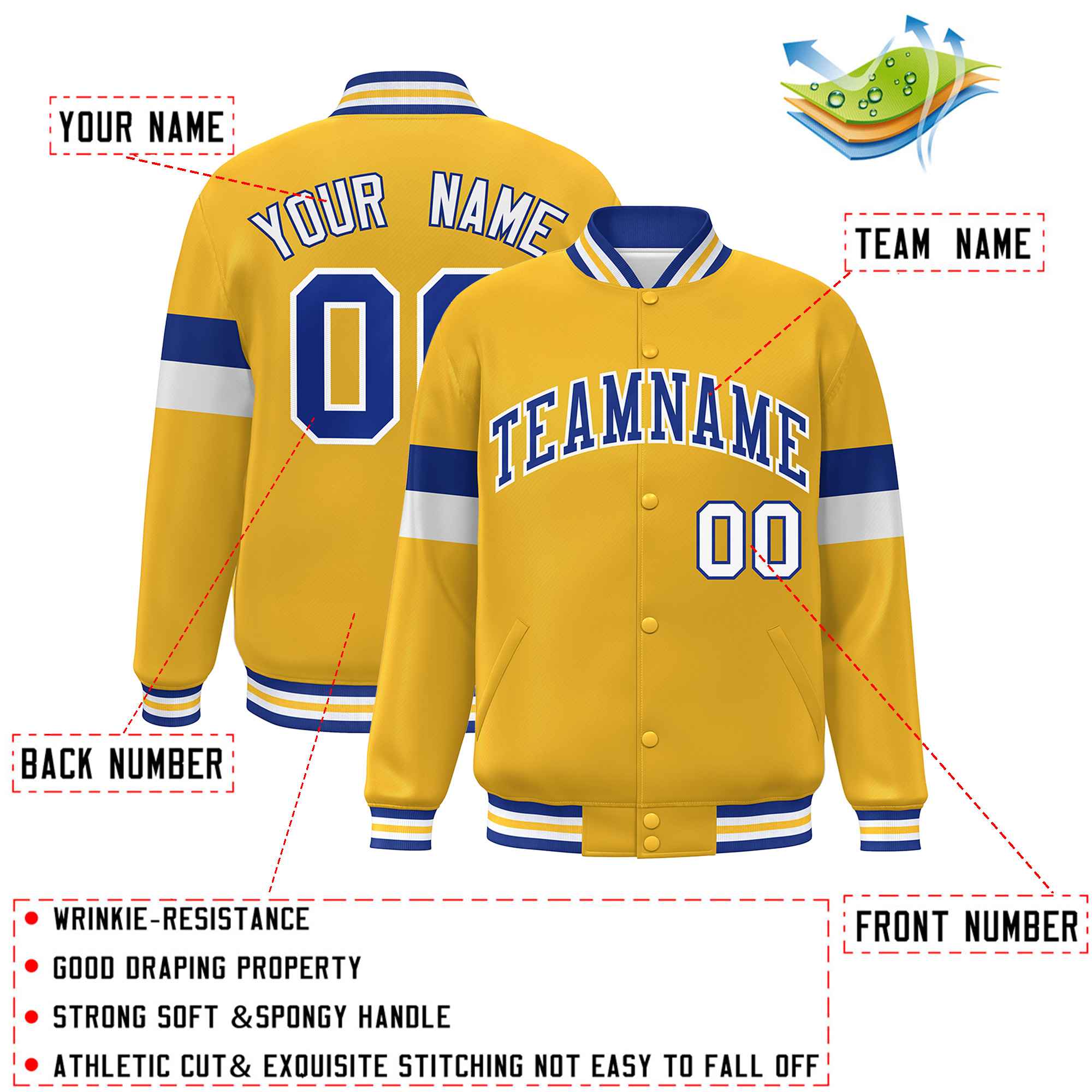 Custom Gold Royal-White Color Block Bomber Varsity Full-Snap Baseball Jacket