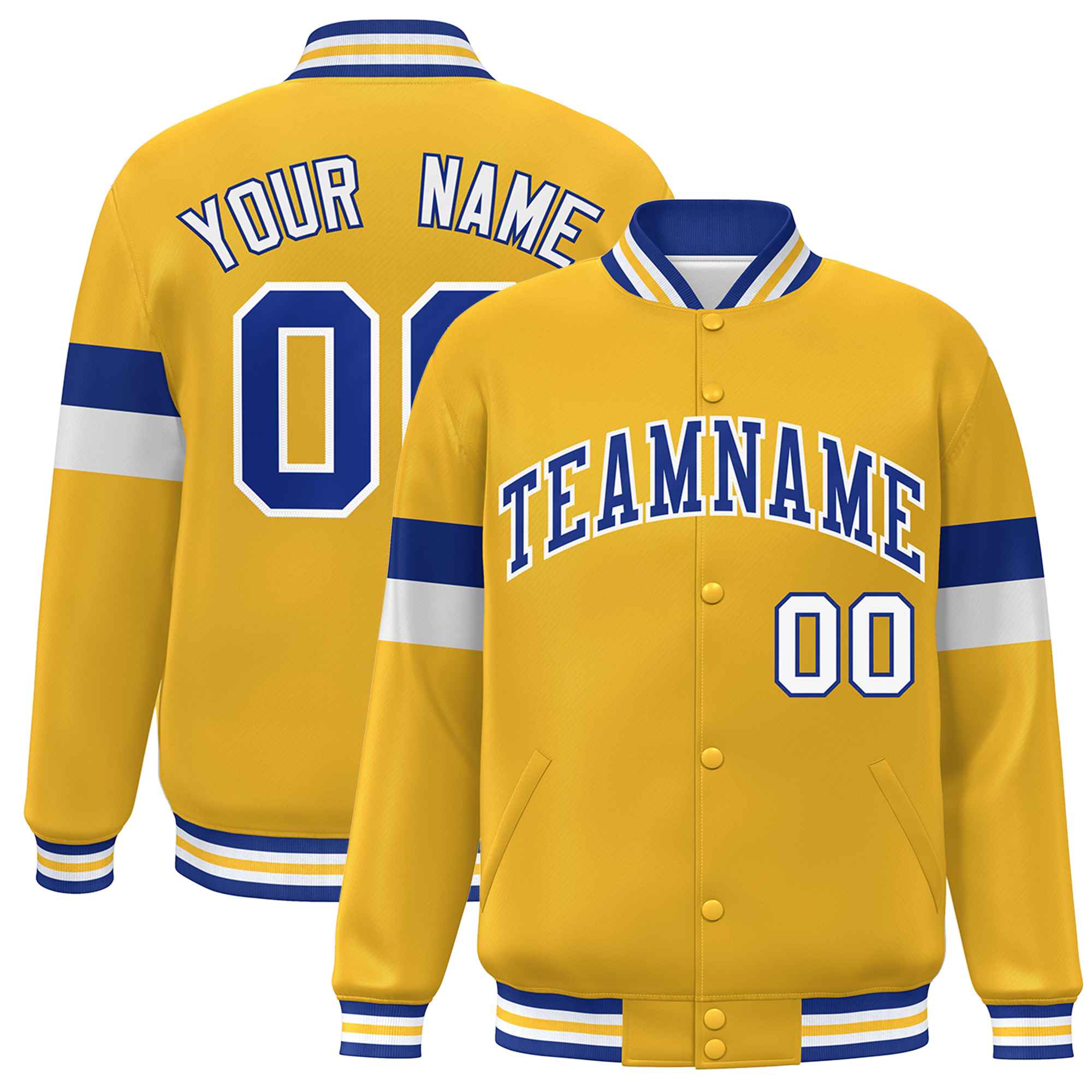 Custom Gold Royal-White Color Block Bomber Varsity Full-Snap Baseball Jacket