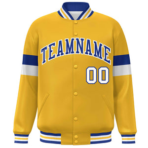 Custom Gold Royal-White Color Block Bomber Varsity Full-Snap Baseball Jacket