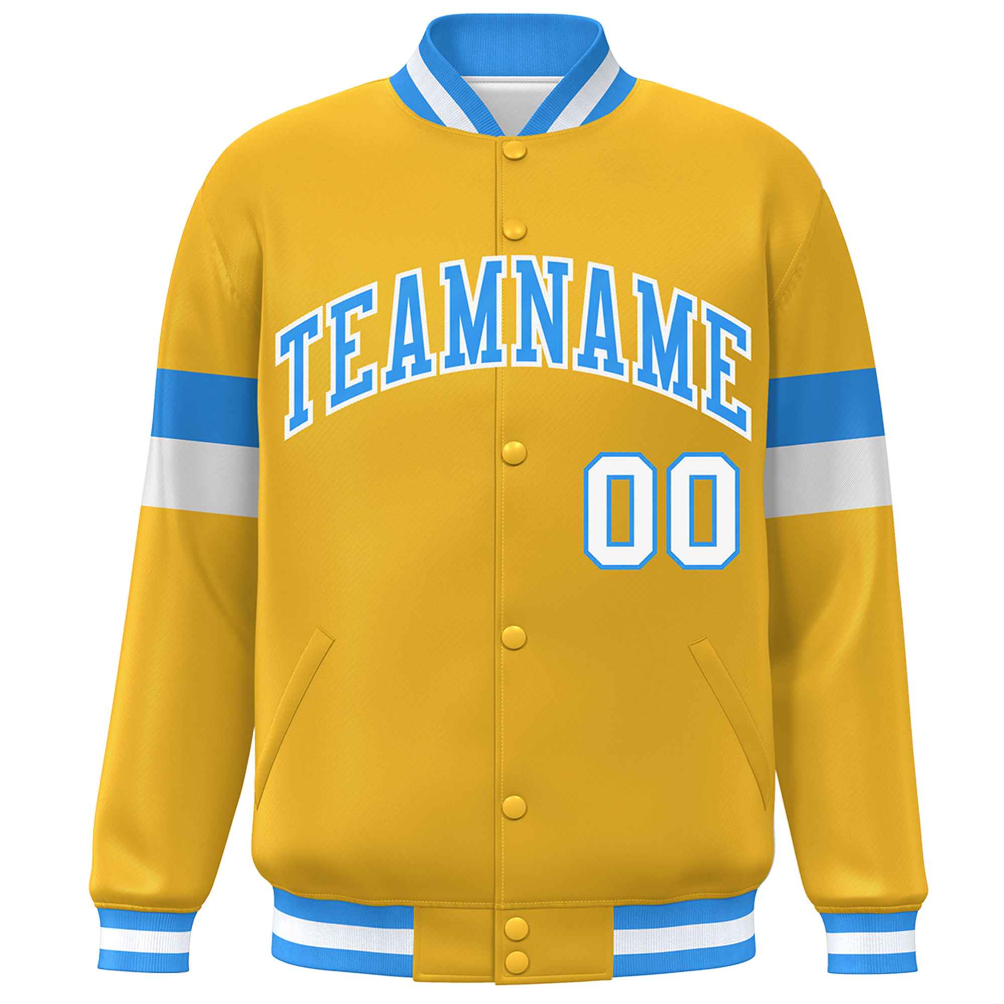 Custom Gold Powder Blue-White Color Block Bomber Varsity Full-Snap Baseball Jacket