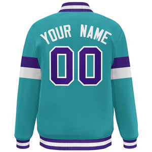 Custom Aqua Purple-White Color Block Bomber Varsity Full-Snap Baseball Jacket