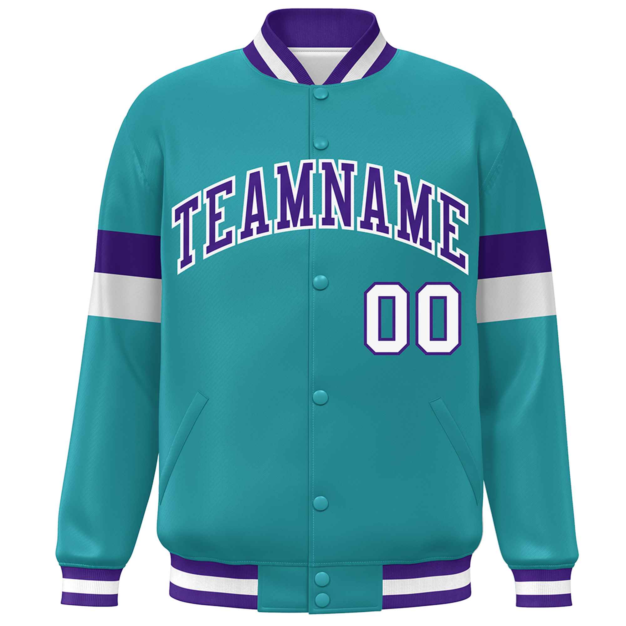 Custom Aqua Purple-White Color Block Bomber Varsity Full-Snap Baseball Jacket