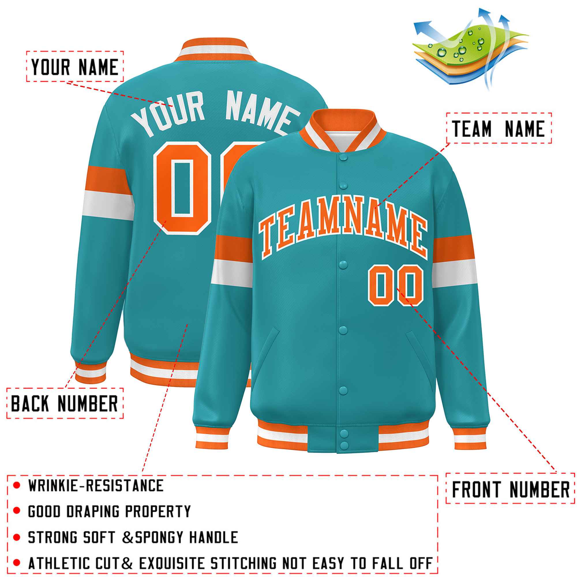 Custom Aqua Orange-White Color Block Bomber Varsity Full-Snap Baseball Jacket