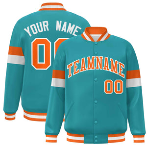 Custom Aqua Orange-White Color Block Bomber Varsity Full-Snap Baseball Jacket