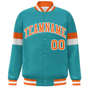 Custom Aqua Orange-White Color Block Bomber Varsity Full-Snap Baseball Jacket