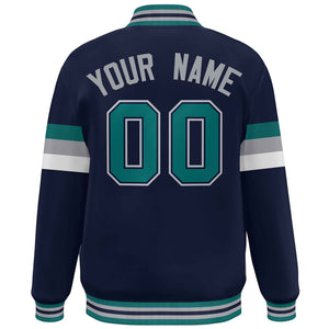 Custom Navy Aqua-Gray Color Block Bomber Varsity Full-Snap Baseball Jacket