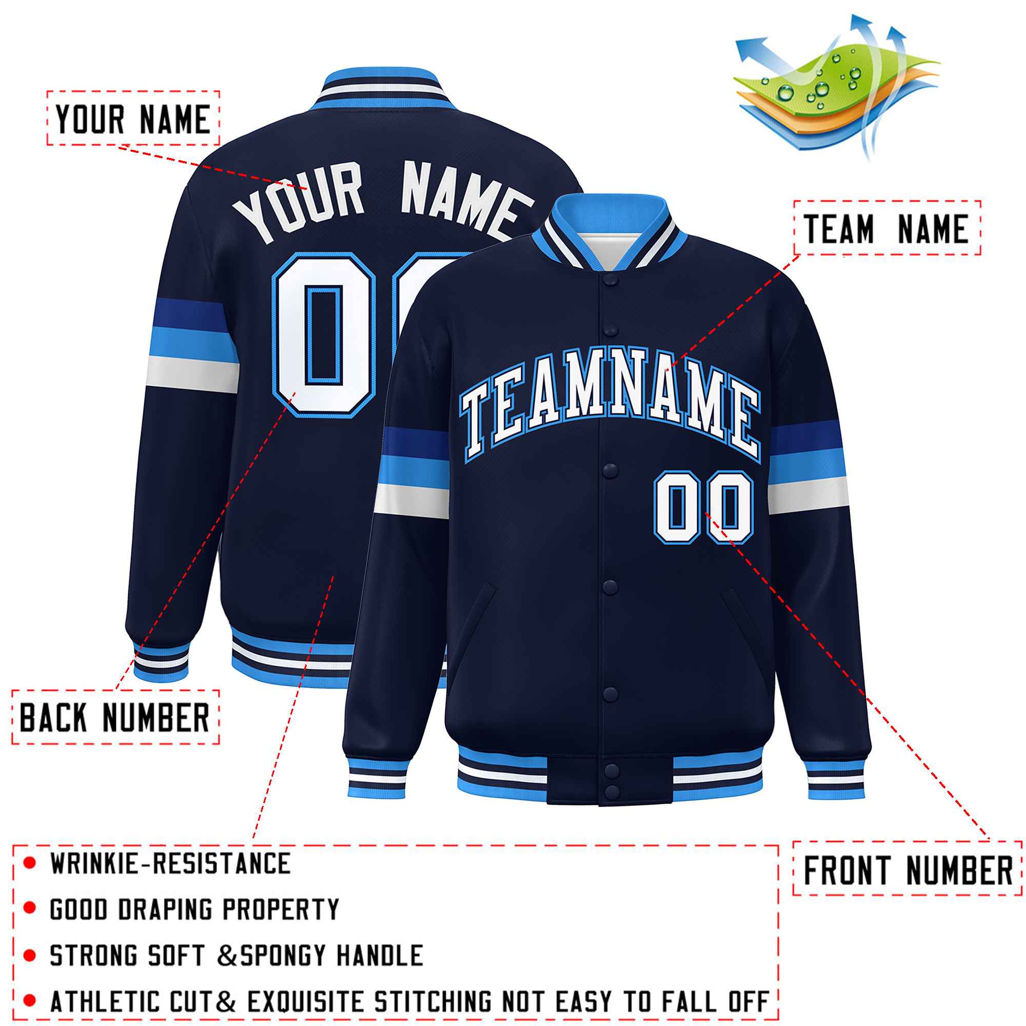 Custom Navy White-Powder Blue Color Block Bomber Varsity Full-Snap Baseball Jacket